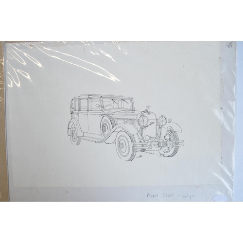 304 - Four pen and ink drawings of vintage automobiles by auto artist Alan Crisp (all unsigned) to include... 