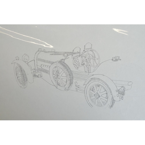 304 - Four pen and ink drawings of vintage automobiles by auto artist Alan Crisp (all unsigned) to include... 