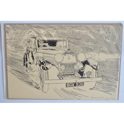 304 - Four pen and ink drawings of vintage automobiles by auto artist Alan Crisp (all unsigned) to include... 