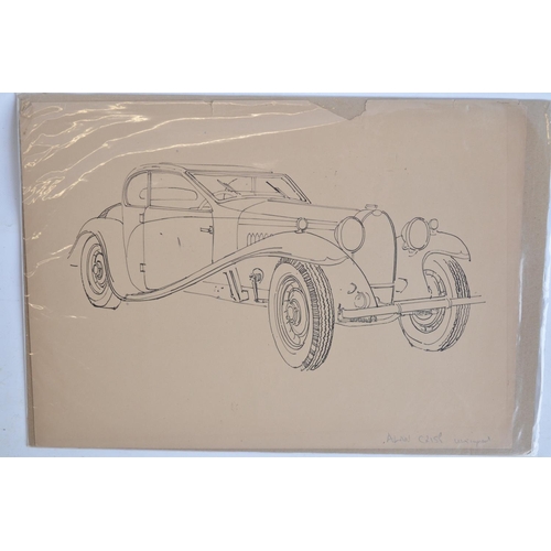 304 - Four pen and ink drawings of vintage automobiles by auto artist Alan Crisp (all unsigned) to include... 