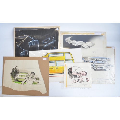 306 - Seven original colour and monotone auto related sketches to include Ink and watercolour painting of ... 