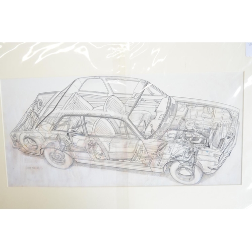 308 - Collection of original cutaway pen and ink drawings of Vauxhall motorcars C1970's-early '80's, 2 by ... 