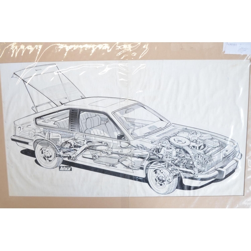 308 - Collection of original cutaway pen and ink drawings of Vauxhall motorcars C1970's-early '80's, 2 by ... 