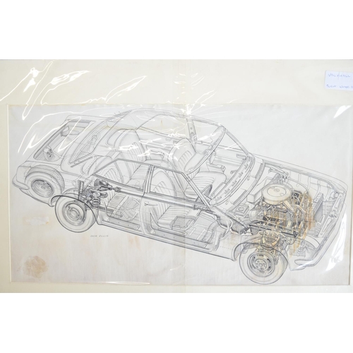 308 - Collection of original cutaway pen and ink drawings of Vauxhall motorcars C1970's-early '80's, 2 by ... 