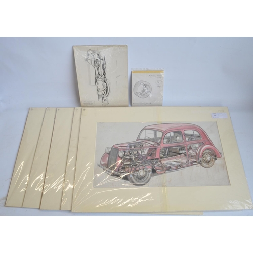 309 - Collection of original cutaway pen and ink drawings of Vauxhall motorcars to include 1937 Vauxhall 1... 