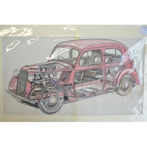 309 - Collection of original cutaway pen and ink drawings of Vauxhall motorcars to include 1937 Vauxhall 1... 