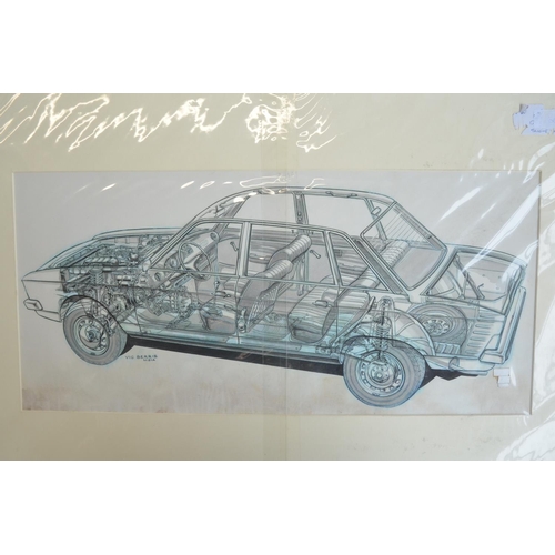 309 - Collection of original cutaway pen and ink drawings of Vauxhall motorcars to include 1937 Vauxhall 1... 