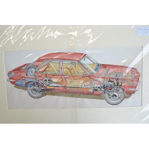 309 - Collection of original cutaway pen and ink drawings of Vauxhall motorcars to include 1937 Vauxhall 1... 