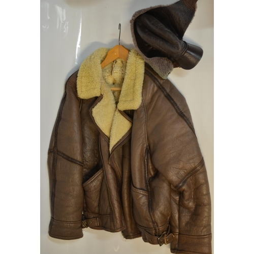 128 - Sheepskin lined leather flying jacket (post war, possibly 1980's/90's) and soft aircrew style cap wi... 