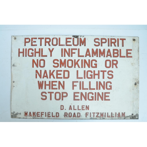 120 - Pressed metal relief text painted Petroleum Spirit warning sign, D.Allen Wakefield Road, Fitzwilliam... 