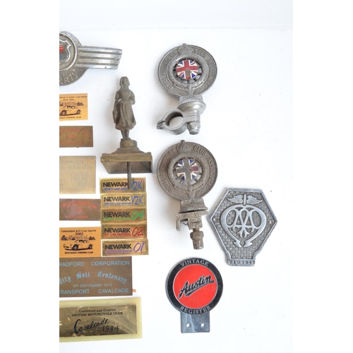 133 - Collection of vintage bonnet ornaments to include AA, RAC, Morris etc and car rally event plaques C1... 