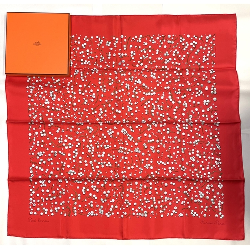 1275 - Hermes silk scarf, 'Red Berries', designed by Leigh P Cooke c2007, hand rolled hems, 90 x 90cm, with... 