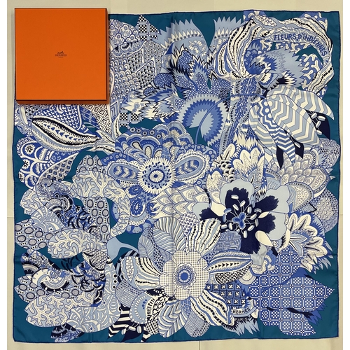 1276 - Hermes silk scarf, ‘Fleurs D’indiennes’, designed by Aline Honor c2011, vibrant blue cluster of deco... 