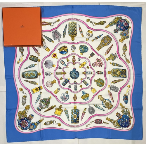 1273 - Hermes silk scarf, 'Qu'importe le Flacon', designed by Catherine Baschet c1988, decorative scent bot... 