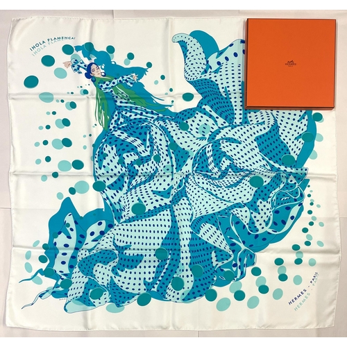 1274 - Hermes silk scarf, 'Hola Flamenca!', designed by Dimitri Rybalchenko c2005, turquoise design of a fl... 