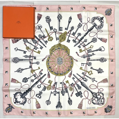 1283 - Hermes silk scarf, 'Les Cles', designed by Caty Latham, reissue of the c1965 original, pink and whit... 