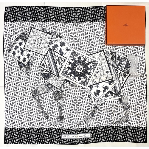 Hermes silk scarf, 'A Cheval Sue Mon Carre', designed by Balli Barret c2010, black and white horse design, hand rolled hems, 90 x 90cm, with box