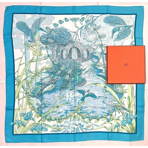 1270 - Hermes silk scarf, 'Au Bord De L'eau', designed by Laurence Bourthoumieux c2005, vibrant lake scene ... 