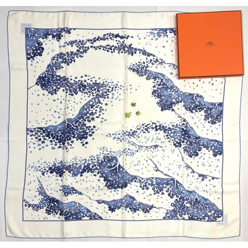 1286 - Hermes silk scarf, 'Trois Feuilles', designed by Catherine Baschet c2004, 'Three Leaves' in blue and... 