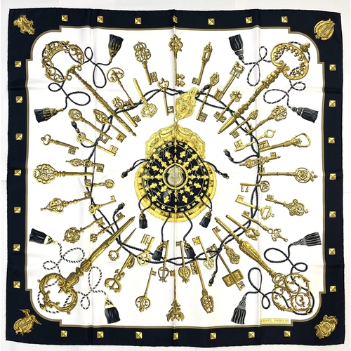 1277 - Hermes silk scarf, 'Les Cles', designed by Caty Latham c1965, reissue, black & white colourway, hand... 