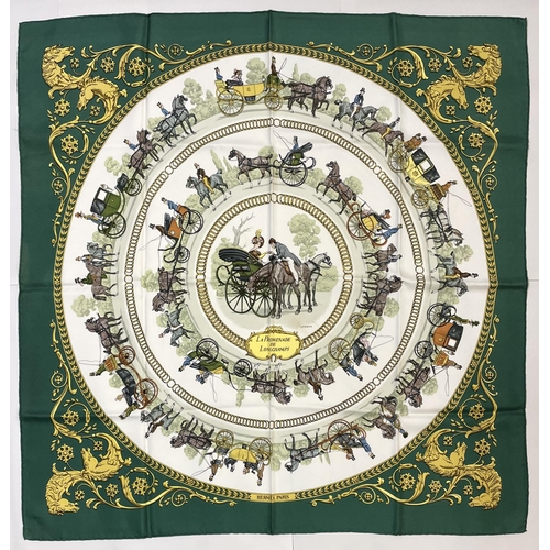 1278 - Hermes silk scarf, 'La Promenade De Longchamps', designed by Philippe Ledoux c1965, reissue, forest ... 