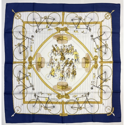 1282 - Hermes silk scarf, 'Les Becanes', designed by Hugo Grygkar c1953, reissue, white and navy colourway ... 