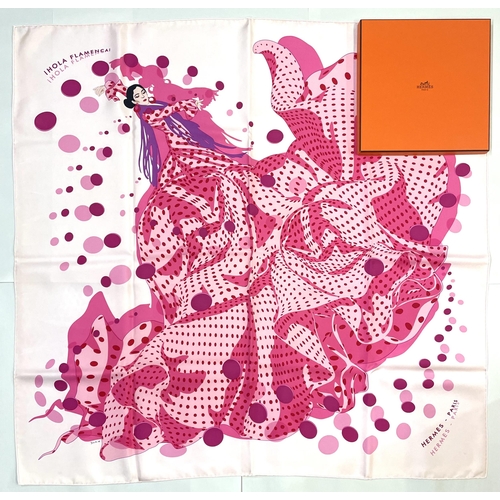 1280 - Hermes silk scarf, 'Hola Flamenca!', designed by Dimitri Rybalchenko c2005, pink colourway, hand rol... 