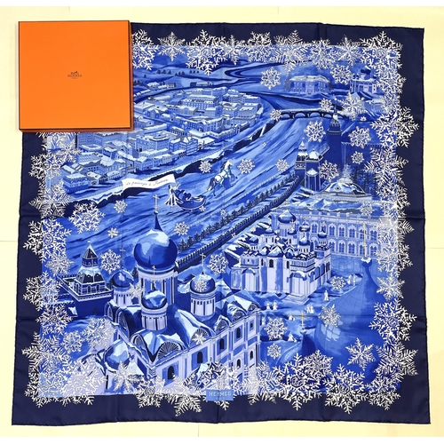 1262 - Hermes silk scarf, 'Le passage a Moscou', designed by Nathalie Vialars c2008, snow covered city in b... 