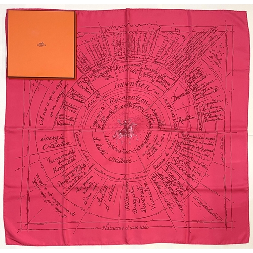 1264 - Hermes silk scarf, 'Naissance d'une Idée', designed by Michel Duchene c2004, pink/red colourway rep... 