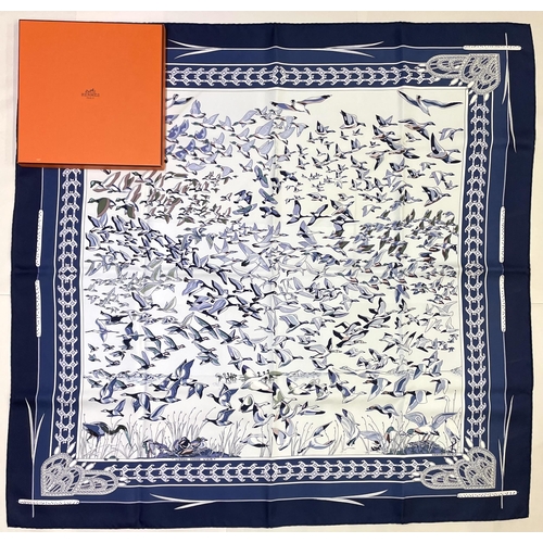 1267 - Hermes silk scarf, 'Libres Comme L'air', designed by Annie Faivre c2003, geese taking flight, white ... 