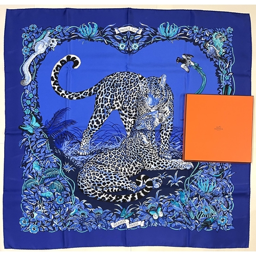 1268 - Hermes silk scarf, 'Jungle Love', designed by Robert Dallet c2000, jungle scene with leopards, turqu... 