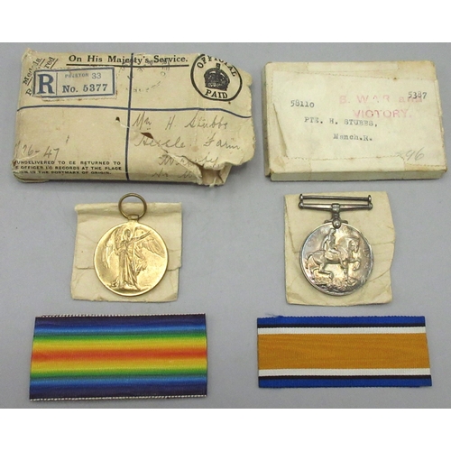 101 - WW1 Victory Medal, British War Medal, and ribbons to 58110 PTE. H. STUBBS. MANCH. R.