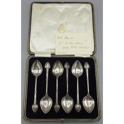 104 - Cased set of six Art Nouveau silver coffee spoons with monogrammed spade finials and a Hanoverian jo... 