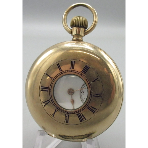 111 - Waltham rolled gold half Hunter pocket watch, white enamel Roman dial, A.L.D. case no. 737, signed G... 