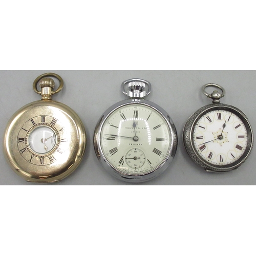 112 - Waltham Traveller rolled gold half Hunter pocket watch, white enamel Roman dial, Dennison Star case ... 