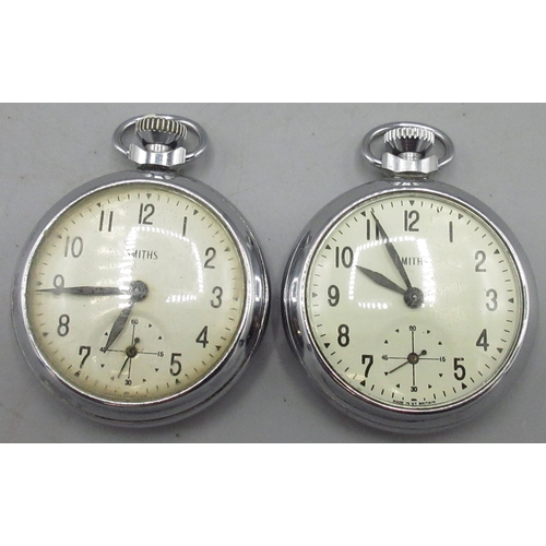 120 - Two Smiths chrome plated pin pallet open faced pocket watches, signed white Arabic dials with subsid... 