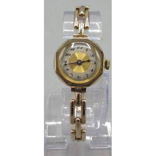 123 - Ladies Buren gold wristwatch, gold tone dial with silvered Arabic chapter ring, W.H.S. octagonal cas... 