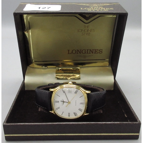 127 - Longines Style gold plated quartz wristwatch with date, signed white Roman dial, snap on case back, ... 