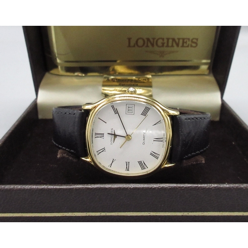 127 - Longines Style gold plated quartz wristwatch with date, signed white Roman dial, snap on case back, ... 