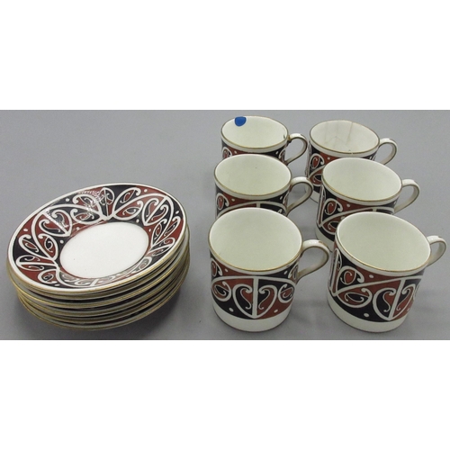 204 - Six Royal Doulton Maori Art pattern coffee cans and six saucers, H5cm, A/F