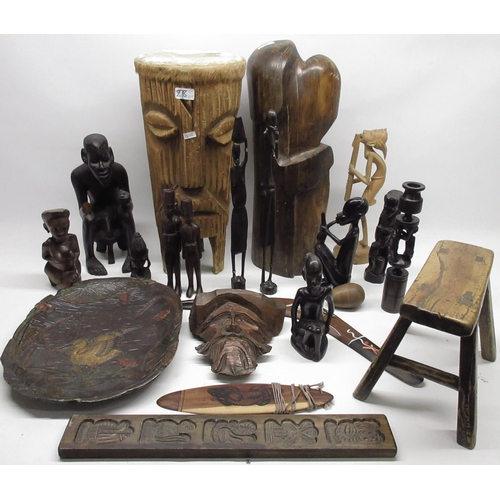 278 - Collection of wooden items, incl. a Japanese carved softwood tray, stool, African tribal style figur... 