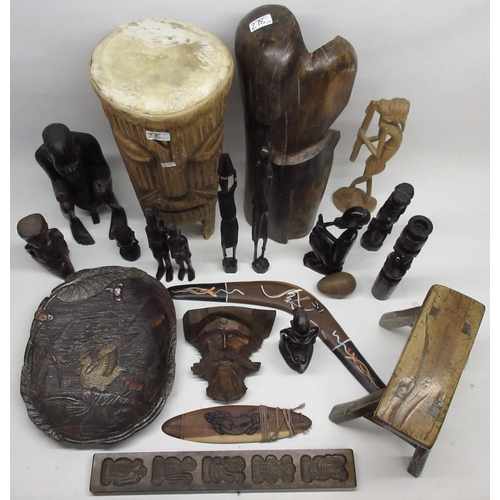 278 - Collection of wooden items, incl. a Japanese carved softwood tray, stool, African tribal style figur... 