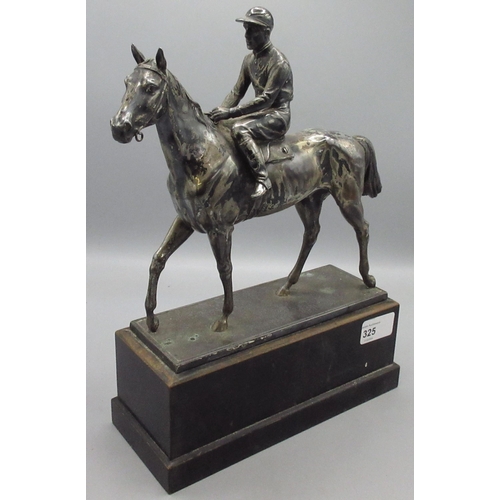 325 - C20th EPNS equestrian figure of a horse and jockey on ebonised base, overall H31cm