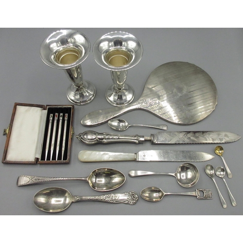 89 - Collection of silver incl. cased set of bridge pens, pair of silver filled specimen vases, Birmingha... 