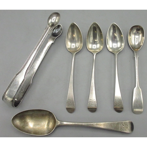 90 - Georgian silver collection incl. pair of sugar tongs with reeded edges, by William Eley l & William ... 