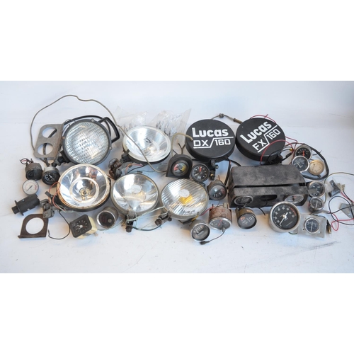 144 - Collection of mostly C1960's-modern car lamps (to include Lucas), a plastic car dash, instruments et... 