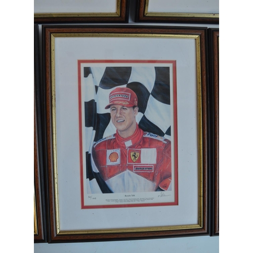 148 - Five limited edition framed prints of Michael Schumacher by sports artist W Newman, all edition numb... 