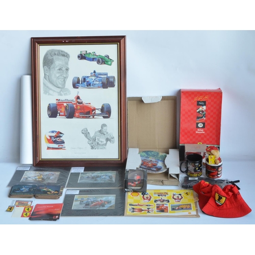 149 - Collection of Michael Schumacher and Ferrari related items to include framed print by Stuart McIntyr... 