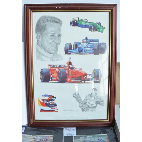 149 - Collection of Michael Schumacher and Ferrari related items to include framed print by Stuart McIntyr... 