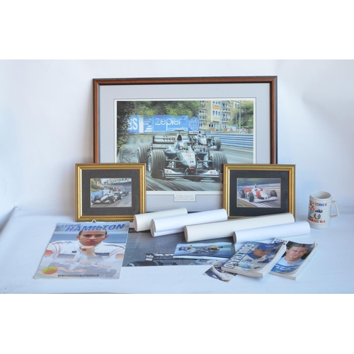 153 - Collection of mostly David Coulthard related prints and books to include 'Victory At Monaco' framed ... 